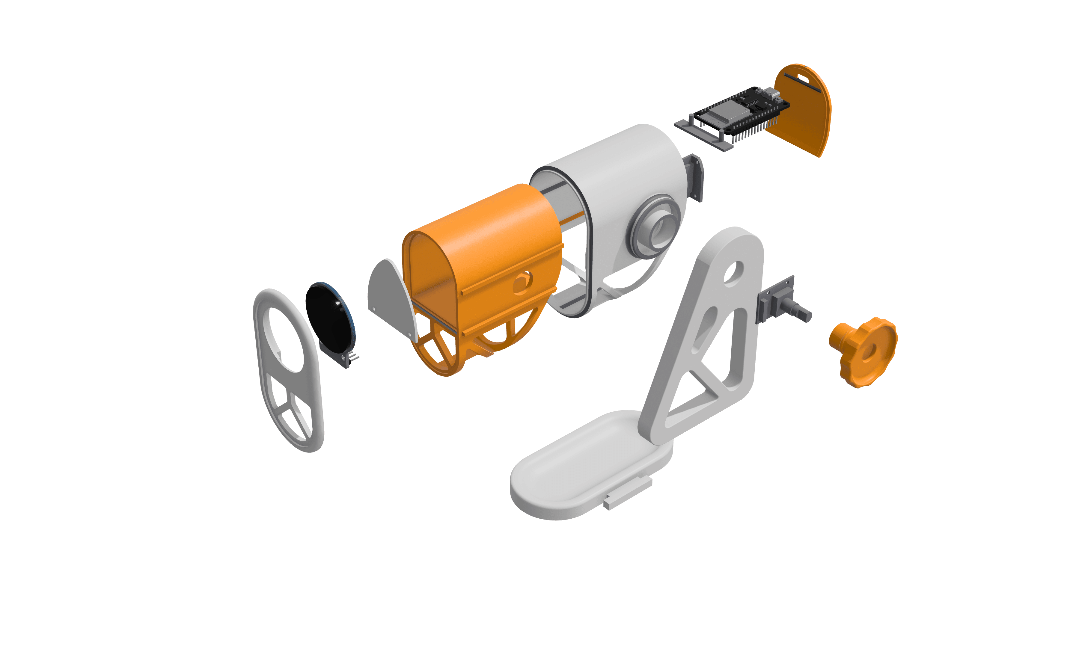 Theoretical Clock — exploded view showing enclosure, electronics, and mechanical components